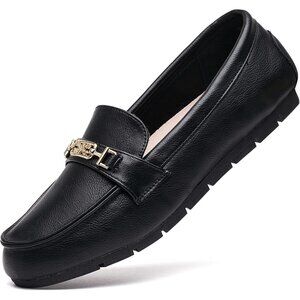 Women's Black Leather Polyurethane (PU) Leisure Slip On Work Walking Flats Shoes